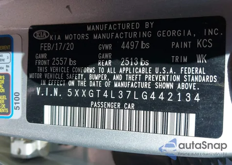 2020 Kia Optima Lx from USA, damaged, VIN 5XXGT4L37LG442134